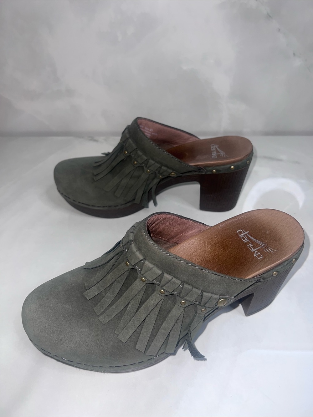 Dansko Olive Fringe Leather Clog Mule